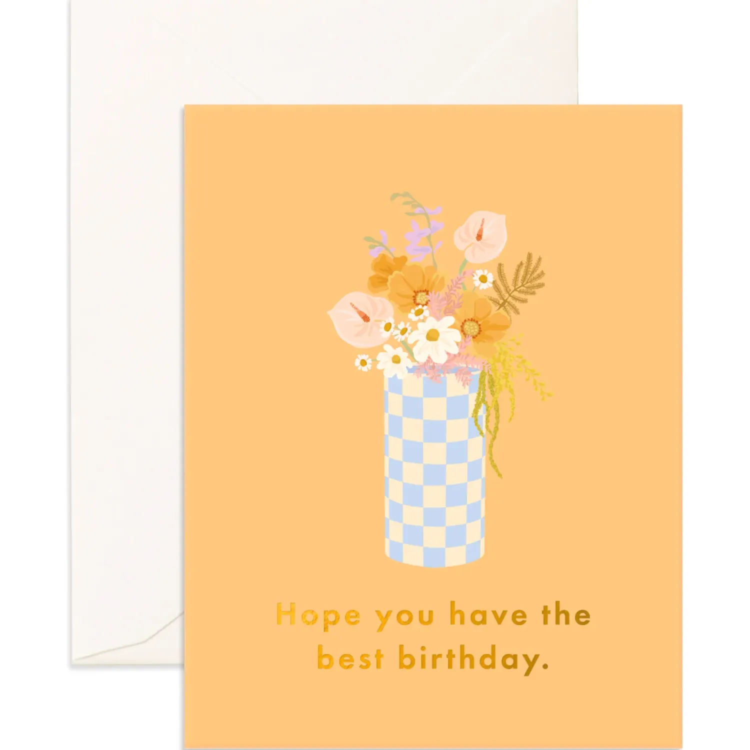 Fox & Fallow Best Birthday Blue Check Vase Greeting Card