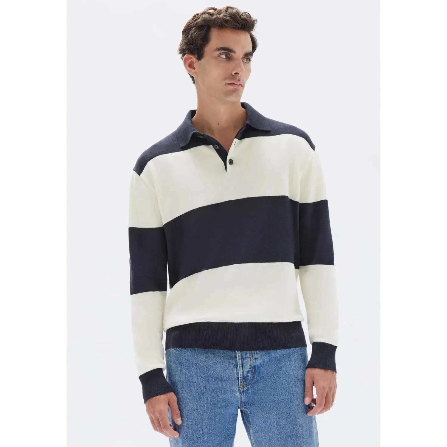 Assembly Label Carter Cotton Long Sleeve Knit Polo - True Navy / Cream