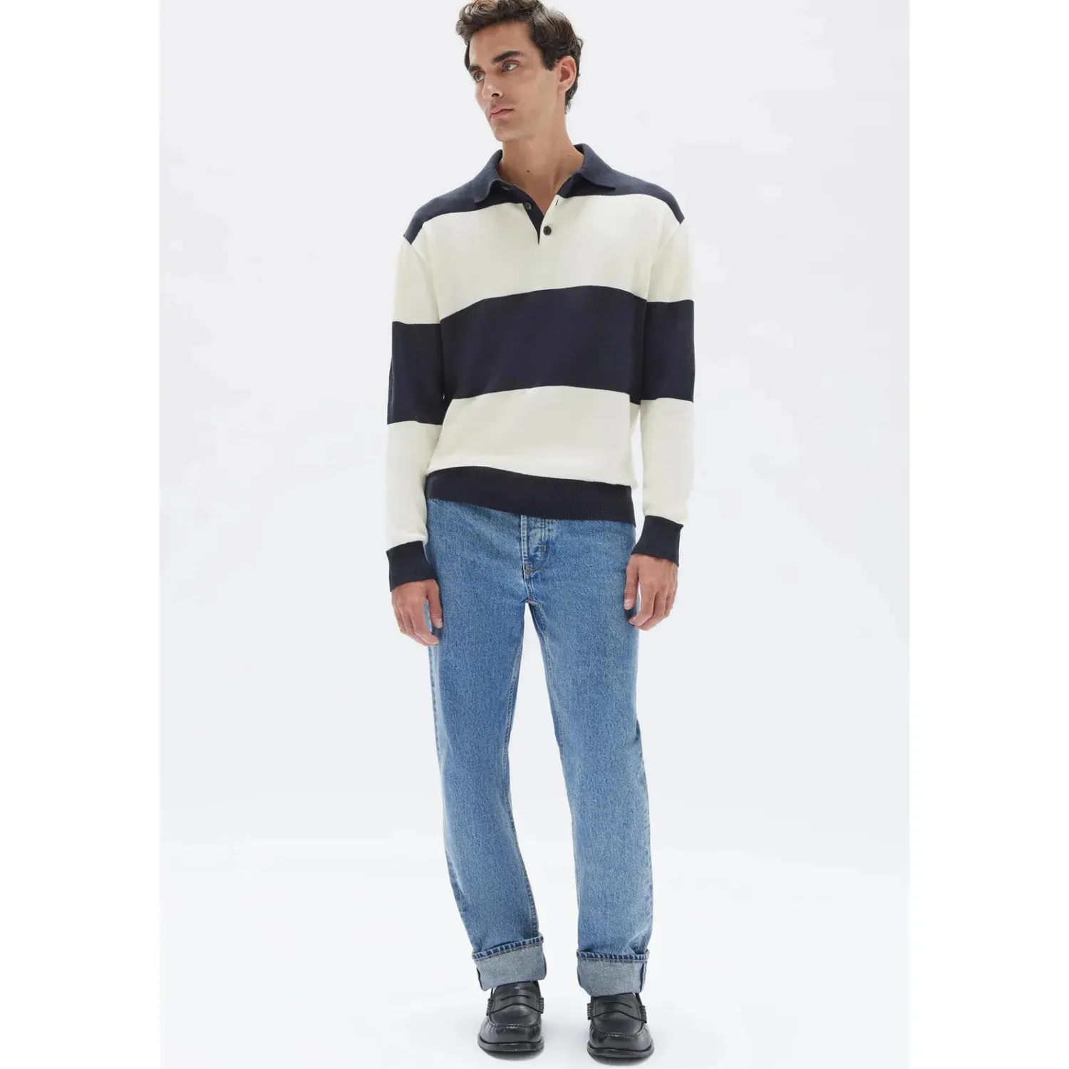 Assembly Label Carter Cotton Long Sleeve Knit Polo - True Navy / Cream