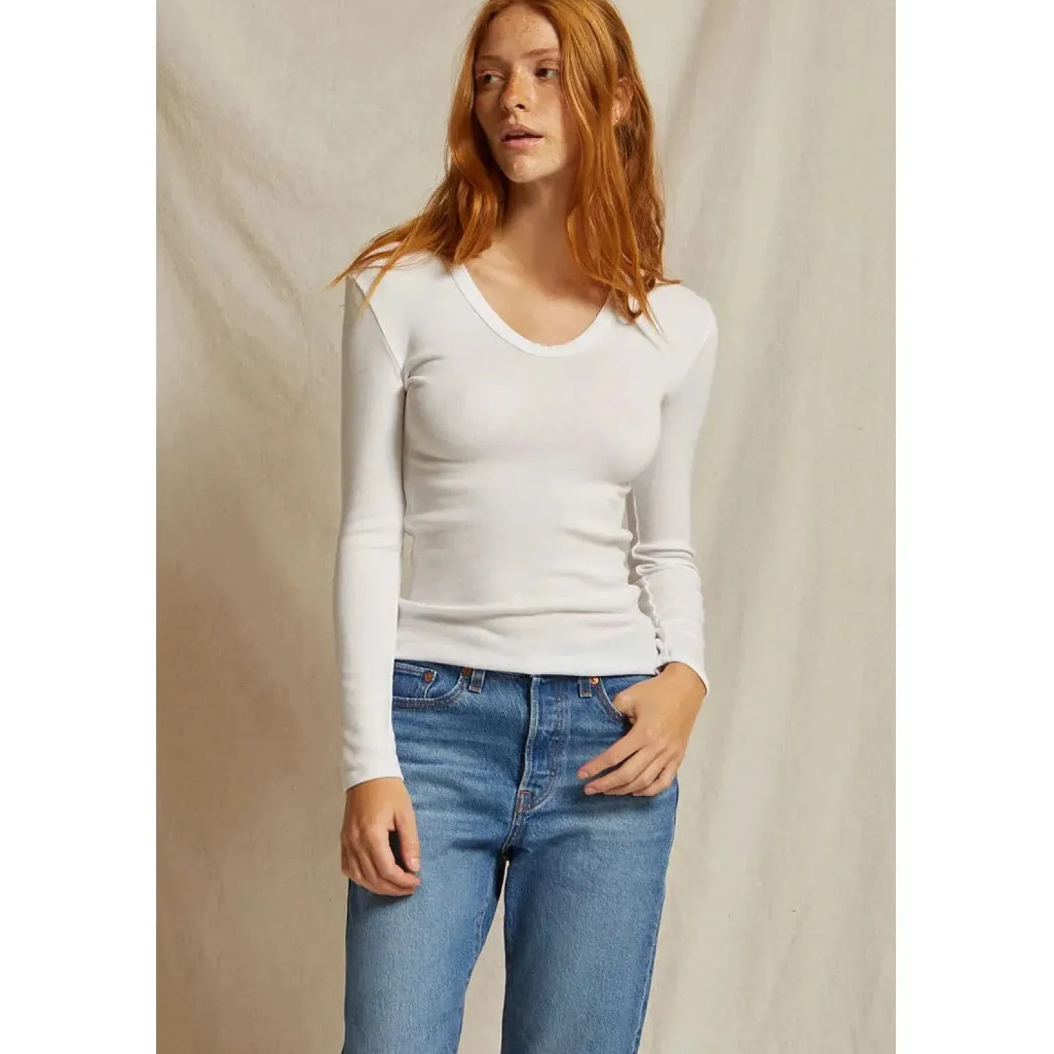 Women Perfect White Tee Robyn U Neck Rib Long Sleeve