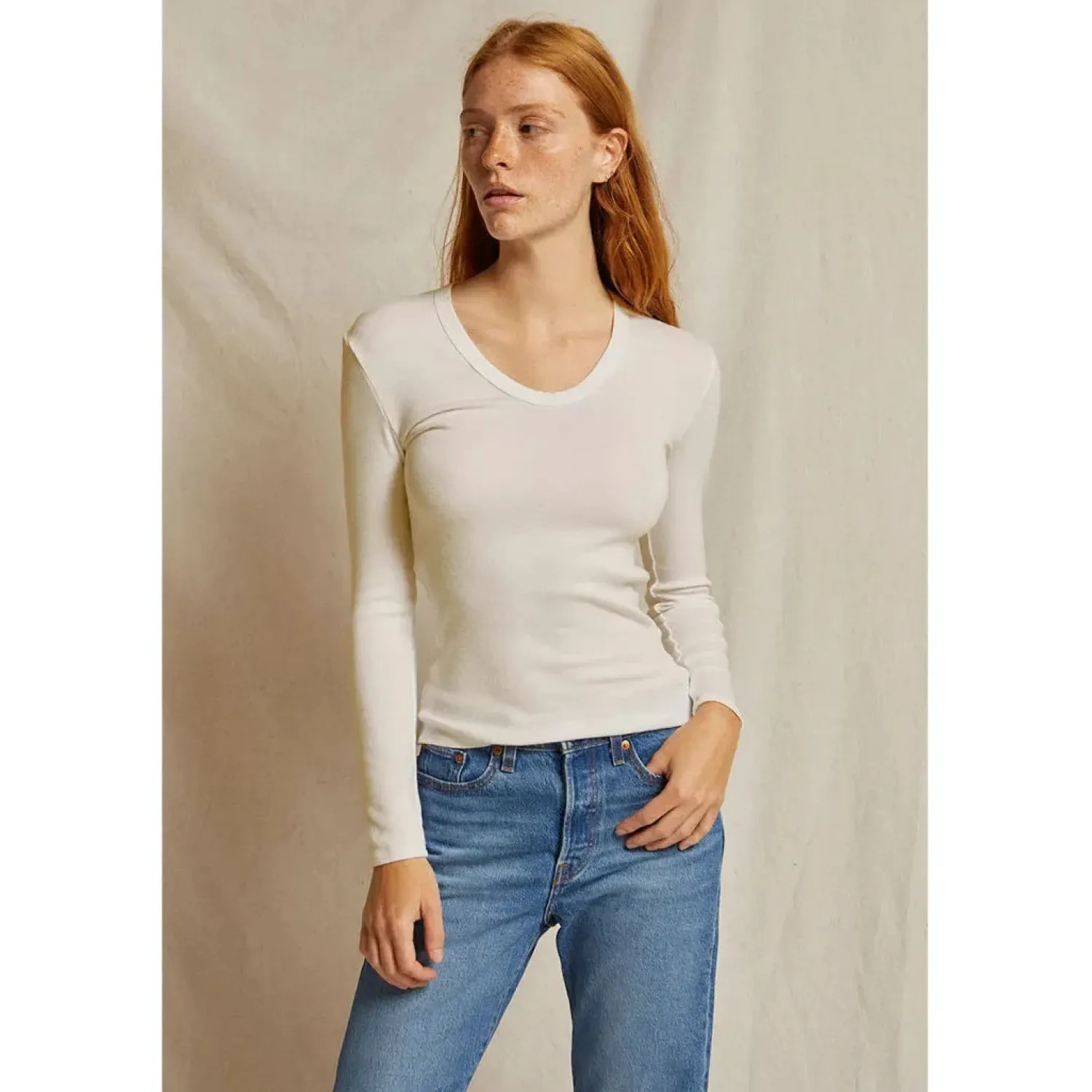 Women Perfect White Tee Robyn U Neck Rib Long Sleeve