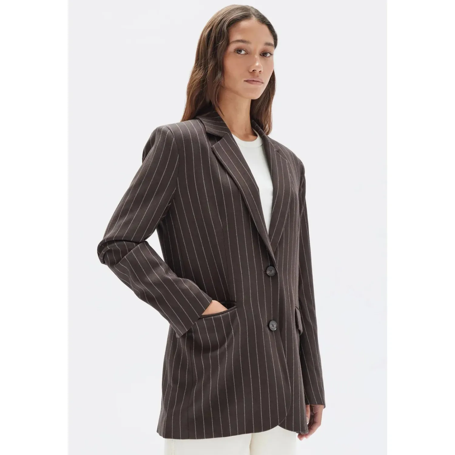 Women Assembly Label Sofia Wool Pinstripe Jacket - Chestnut Stripe