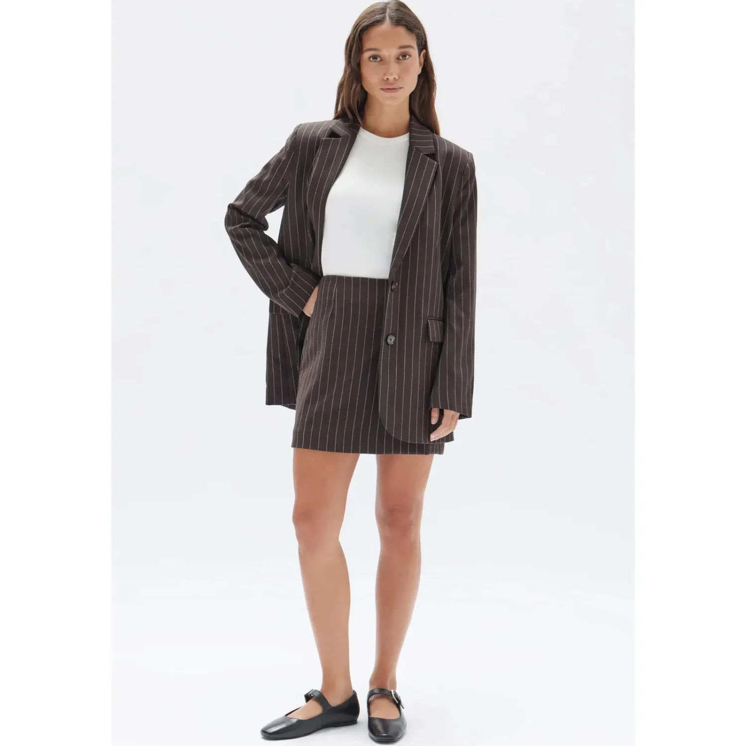 Women Assembly Label Sofia Wool Pinstripe Mini Skirt - Chestnut Stripe