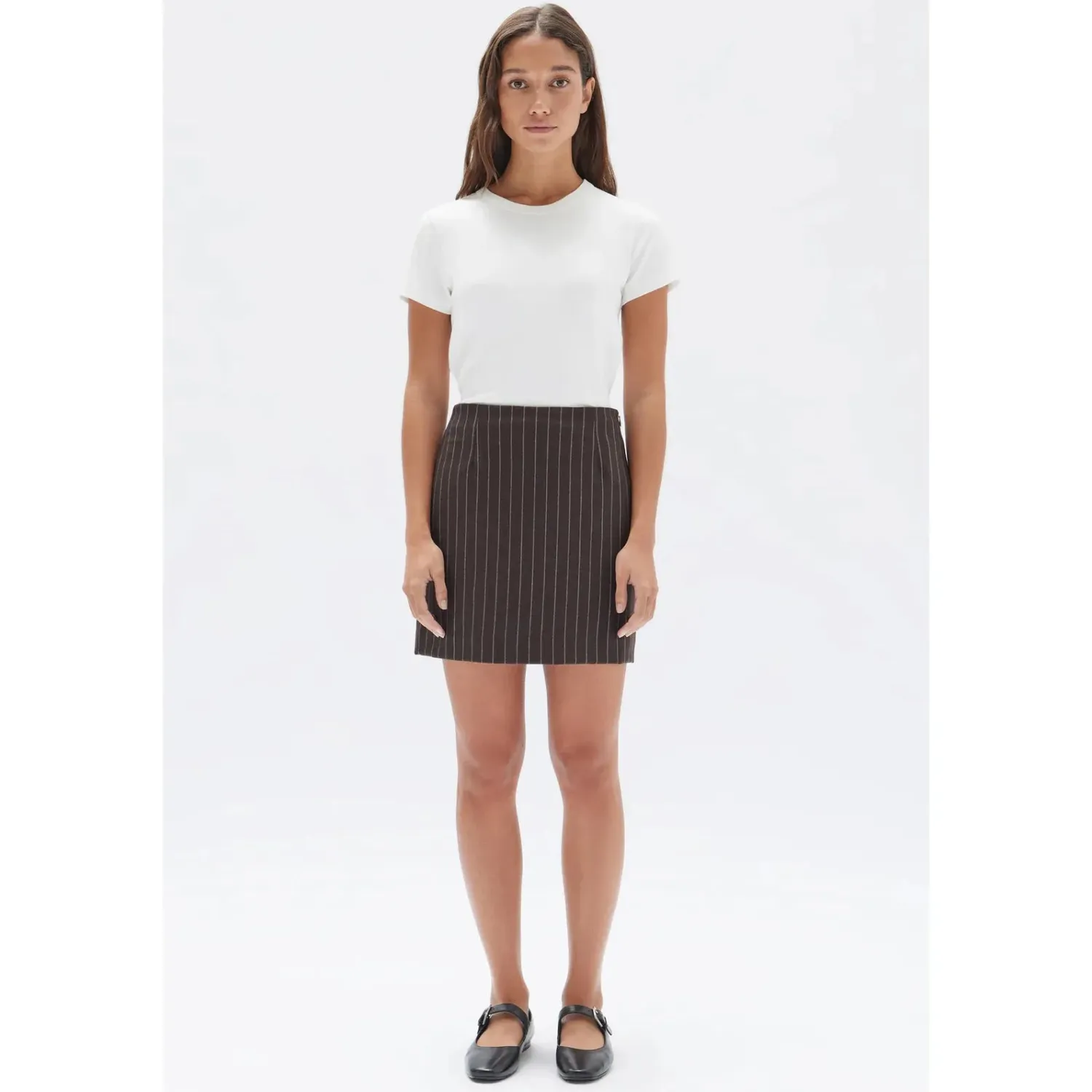 Women Assembly Label Sofia Wool Pinstripe Mini Skirt - Chestnut Stripe