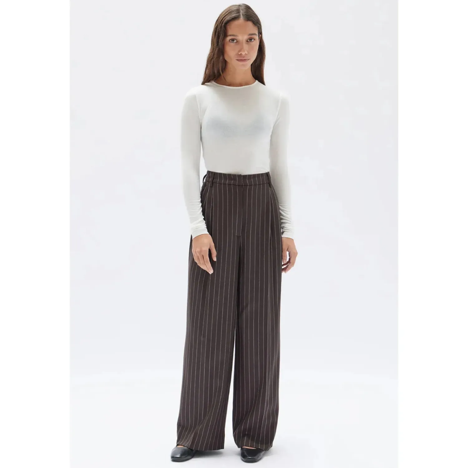 Women Assembly Label Sofia Wool Pinstripe Pant - Chestnut Stripe