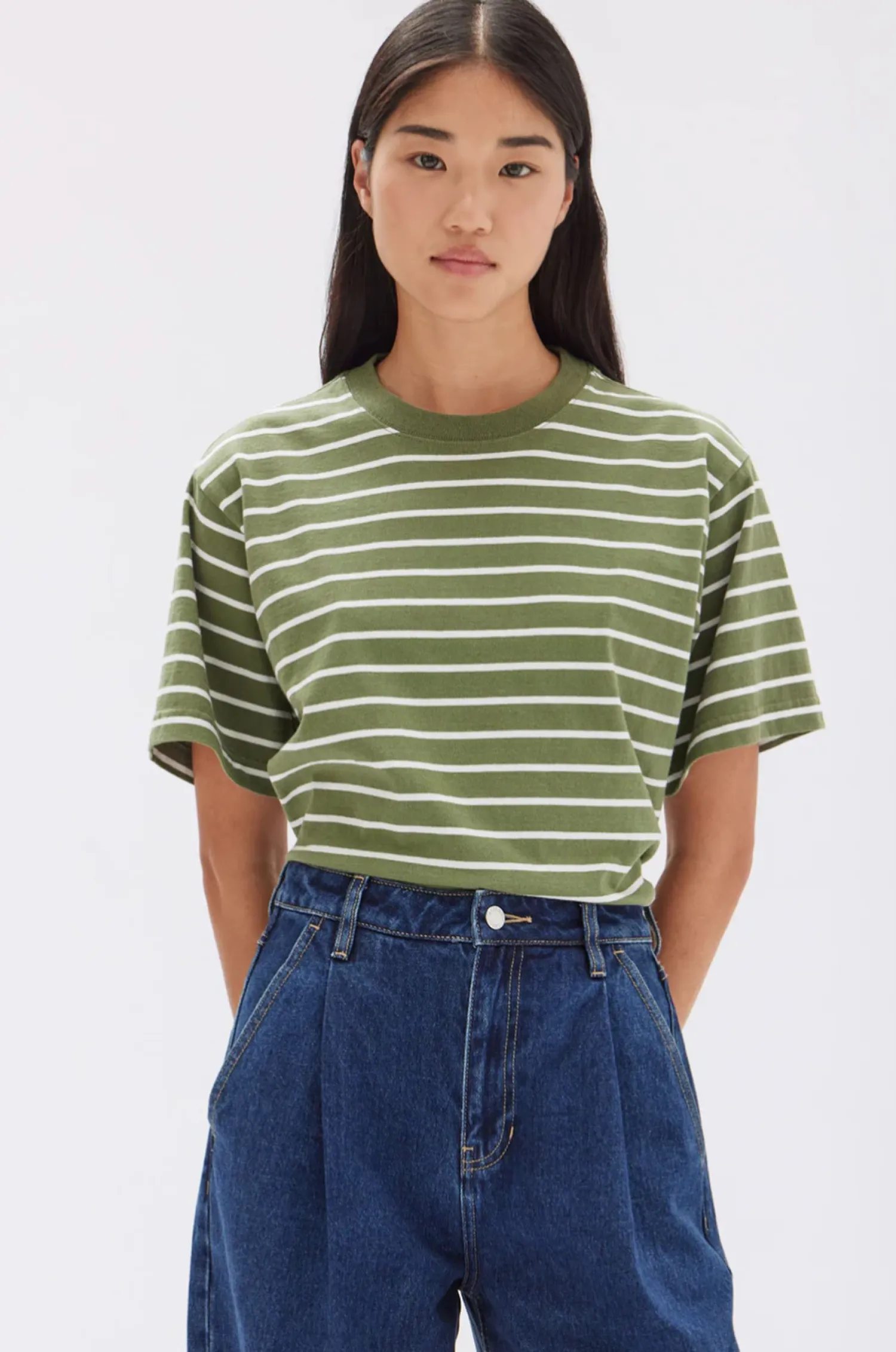 Women Assembly Label Womens Cohen Stripe Short Sleeve Tee - Pandan/Antique White